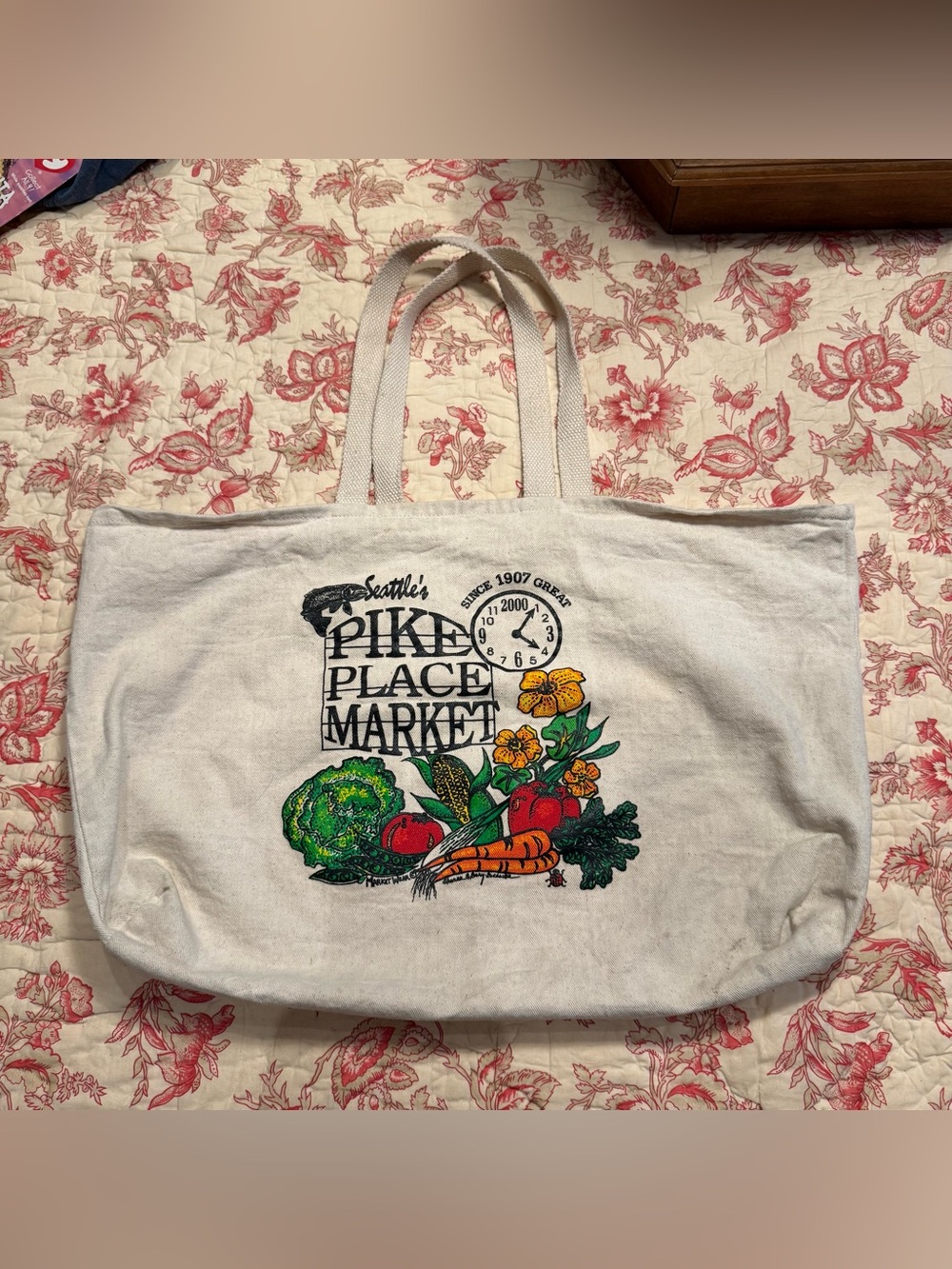 Vintage Seattle Pike Place Market Canvas Tote Cream with Colorful Print